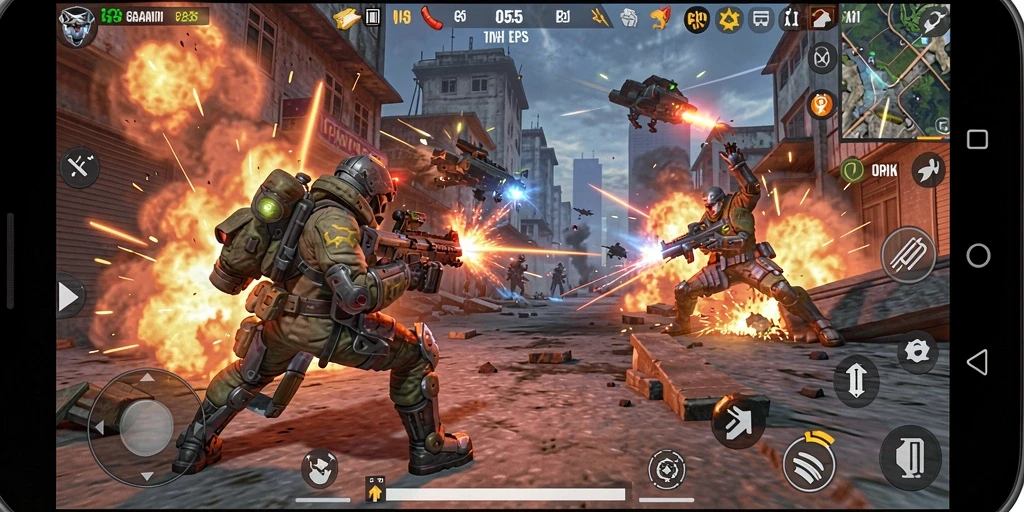 Screenshot gameplay menampilkan pertempuran intens di <strong>8055</strong>.