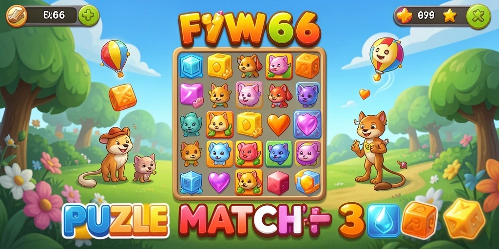 Tangkapan layar main FW66 menunjukkan gameplay Match-3 yang berwarna-warni.