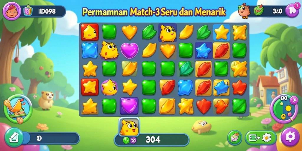 Screenshot menunjukkan gameplay intens dari ID098, permainan Match-3 yang seru.