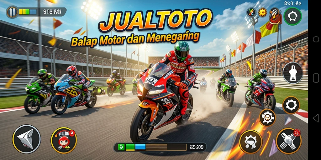 Screenshot gameplay JUALTOTO menunjukkan balapan motor yang seru.