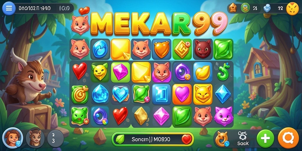 Tampilan gameplay seru dalam MEKAR99 saat menyelesaikan puzzle Match-3.